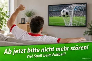 Jubelnder Fan vor dem Fernseher, Text: Ab jetzt bitte nicht mehr stören
