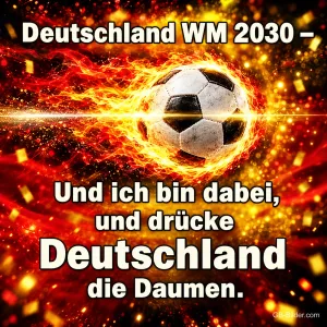 Brennender Fußball fliegt durch Funken und Lichter, Text: Deutschland WM 2030 – Und ich bin dabei, und drücke Deutschland die Daumen.