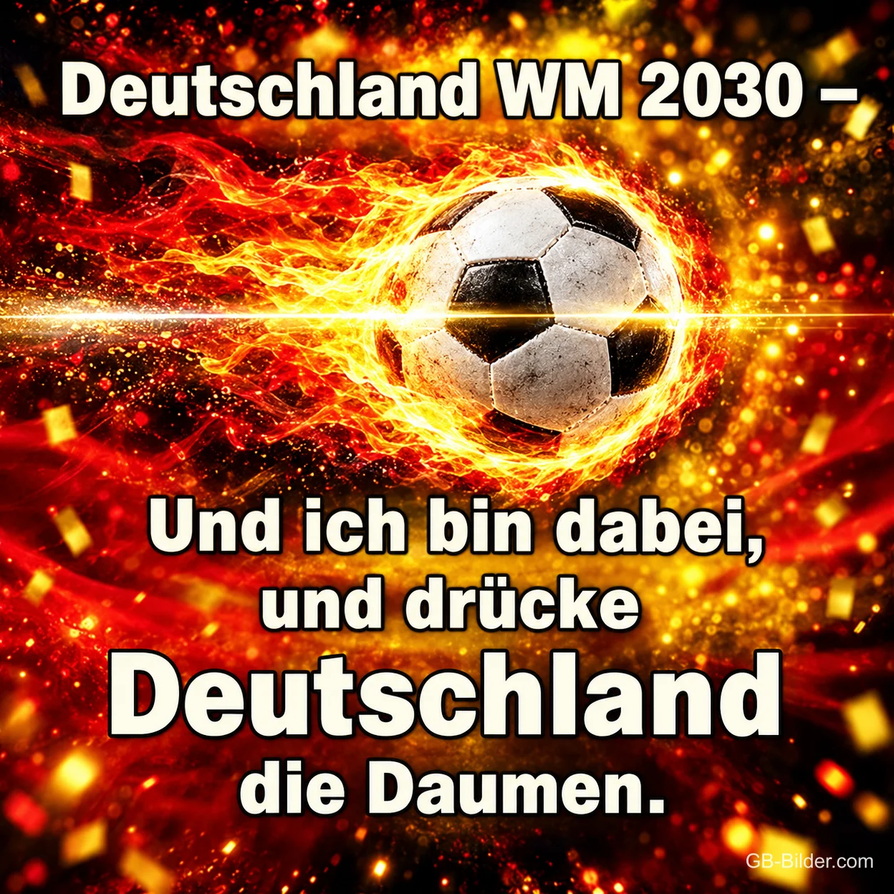 Brennender Fußball fliegt durch Funken und Lichter, Text: Deutschland WM 2030 – Und ich bin dabei, und drücke Deutschland die Daumen. Brennender Fußball fliegt durch Funken und Lichter, Text: Deutschland WM 2030 – Und ich bin dabei, und drücke Deutschland die Daumen.
