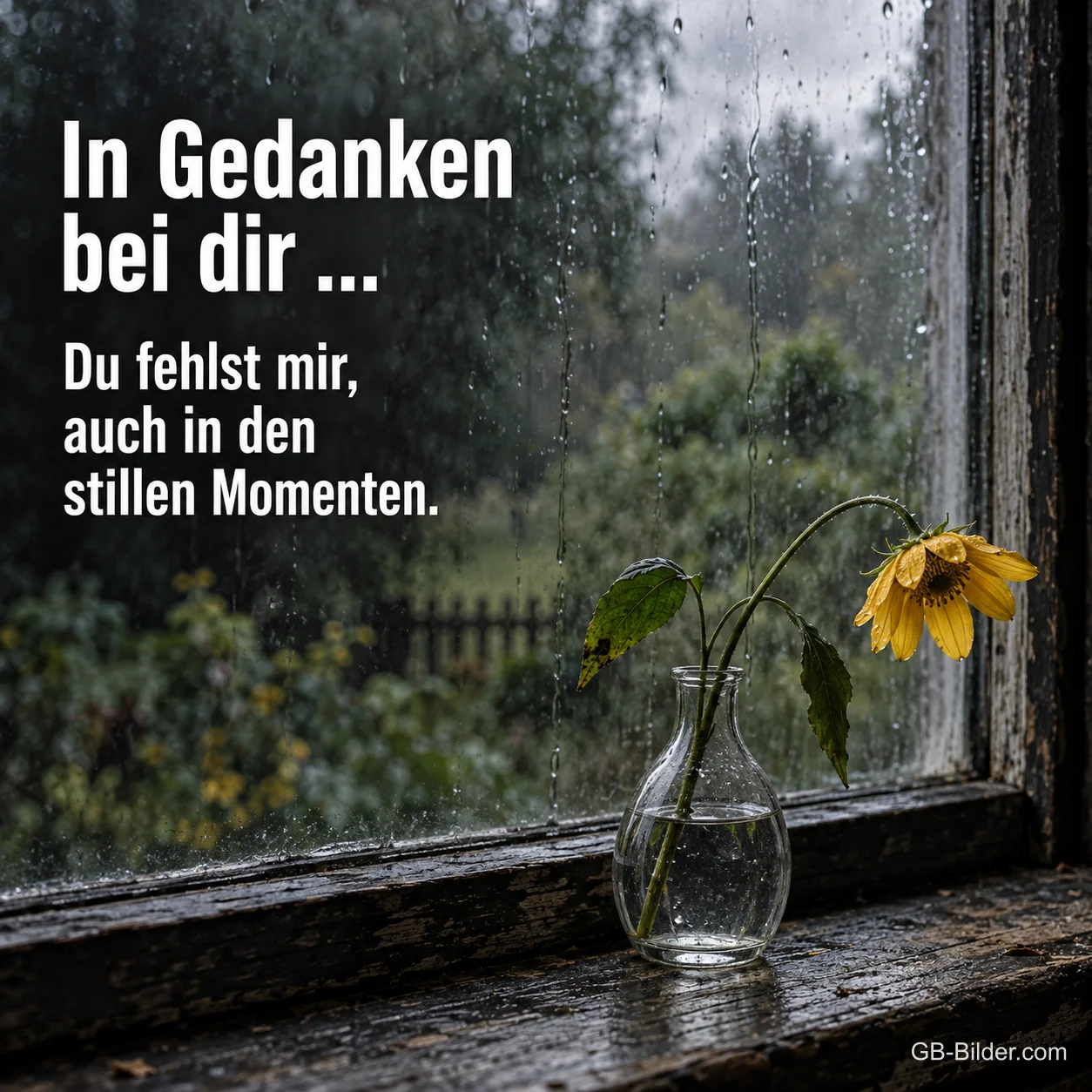 Welke Sonnenblume am regnerischen Fenster, Text: In Gedanken bei dir. Du fehlst mir. Welke Sonnenblume am regnerischen Fenster, Text: In Gedanken bei dir. Du fehlst mir.