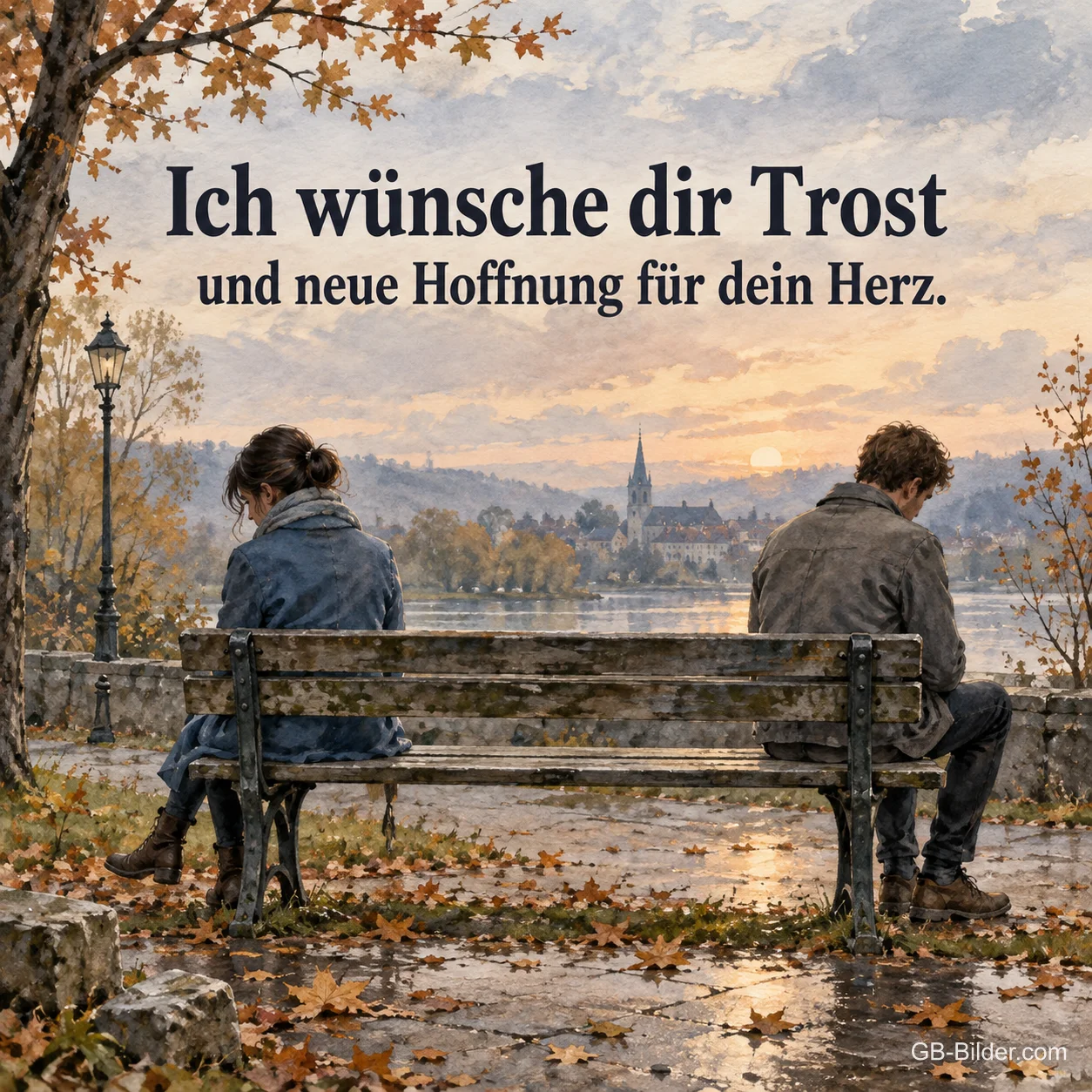 Zwei Menschen getrennt auf einer Bank am Fluss, Text: Ich wünsche dir Trost und neue Hoffnung für dein Herz. Zwei Menschen getrennt auf einer Bank am Fluss, Text: Ich wünsche dir Trost und neue Hoffnung für dein Herz.