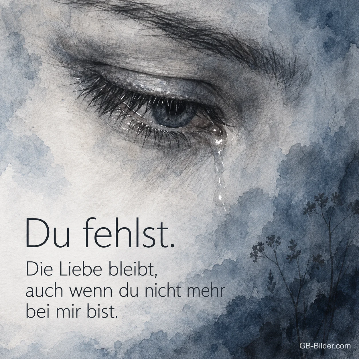 Gemaltes Auge mit Träne in Aquarell, Text: Du fehlst. Die Liebe bleibt, auch wenn du nicht mehr bei mir bist. Gemaltes Auge mit Träne in Aquarell, Text: Du fehlst. Die Liebe bleibt, auch wenn du nicht mehr bei mir bist.