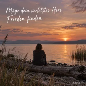 Frau am See im Sonnenuntergang, Text: Möge dein verletztes Herz Frieden finden.