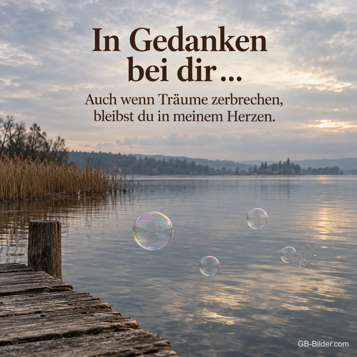Seifenblasen über einem See am Steg, Text: In Gedanken bei dir. Auch wenn Träume zerbrechen, bleibst du in meinem Herzen. Seifenblasen über einem See am Steg, Text: In Gedanken bei dir. Auch wenn Träume zerbrechen, bleibst du in meinem Herzen.