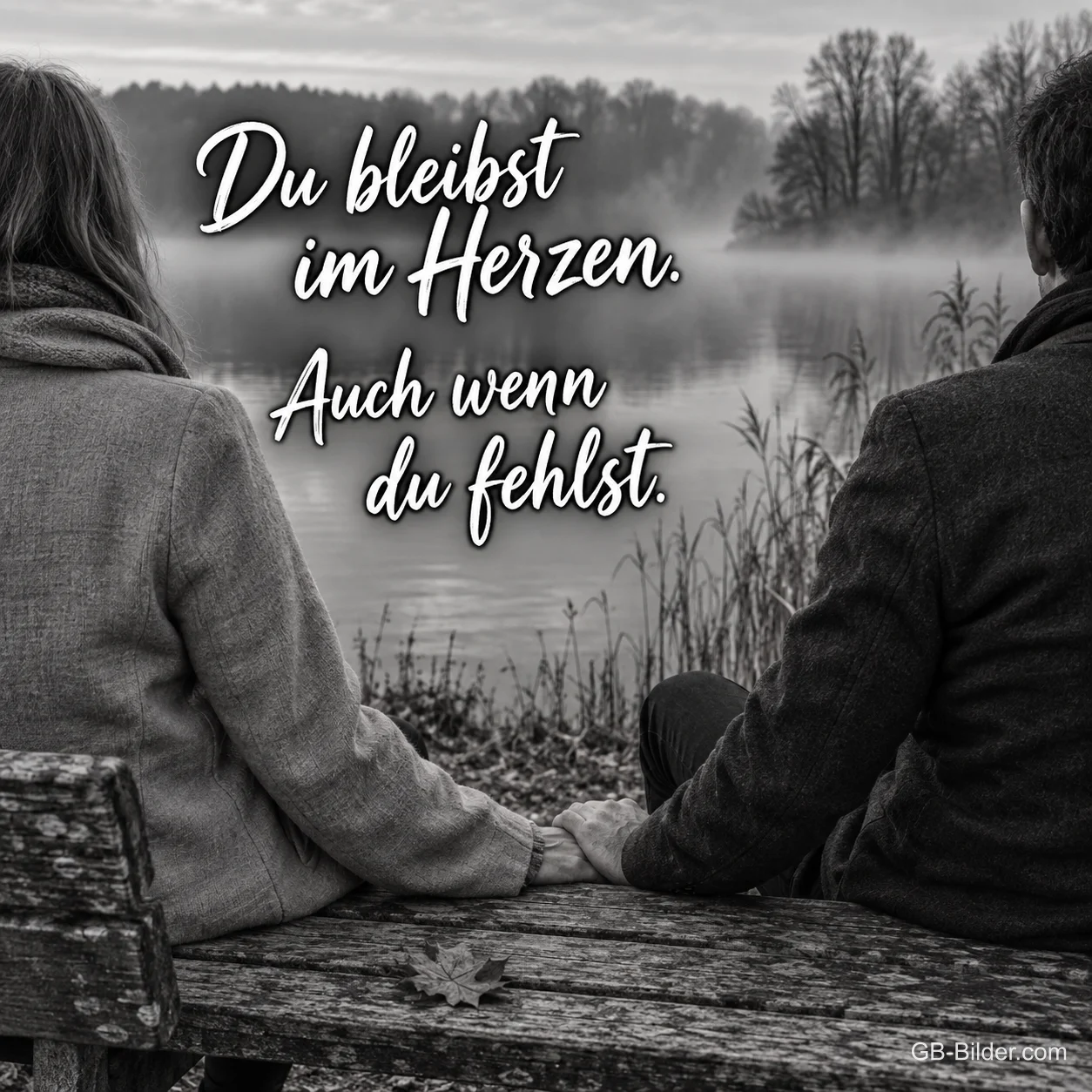 Zwei Menschen Hand in Hand am nebligen See, Text: Du bleibst im Herzen. Auch wenn du fehlst. Zwei Menschen Hand in Hand am nebligen See, Text: Du bleibst im Herzen. Auch wenn du fehlst.