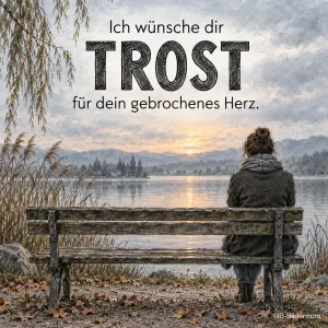 Frau auf einer Bank am See im Herbst, Text: Ich wünsche dir Trost für dein gebrochenes Herz.