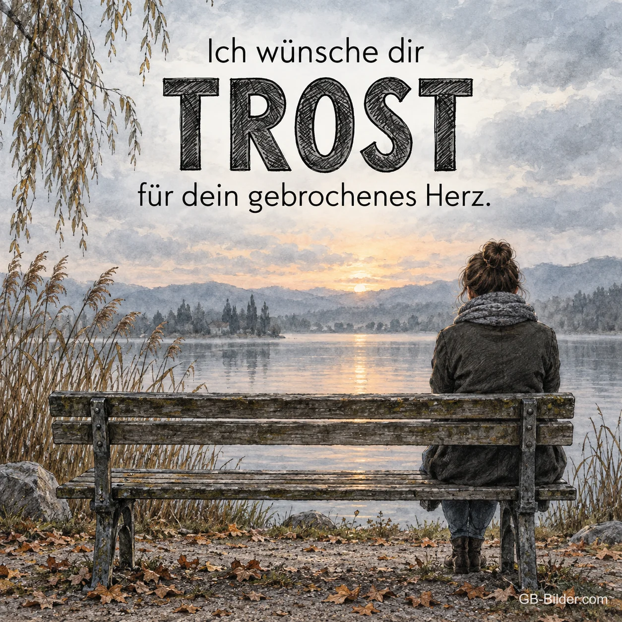Frau auf einer Bank am See im Herbst, Text: Ich wünsche dir Trost für dein gebrochenes Herz. Frau auf einer Bank am See im Herbst, Text: Ich wünsche dir Trost für dein gebrochenes Herz.