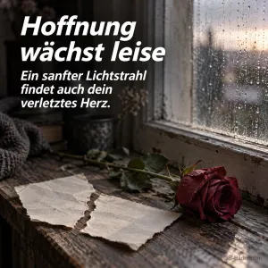 Zerrissener Brief und rote Rose am Regenfenster, Text: Hoffnung wächst leise