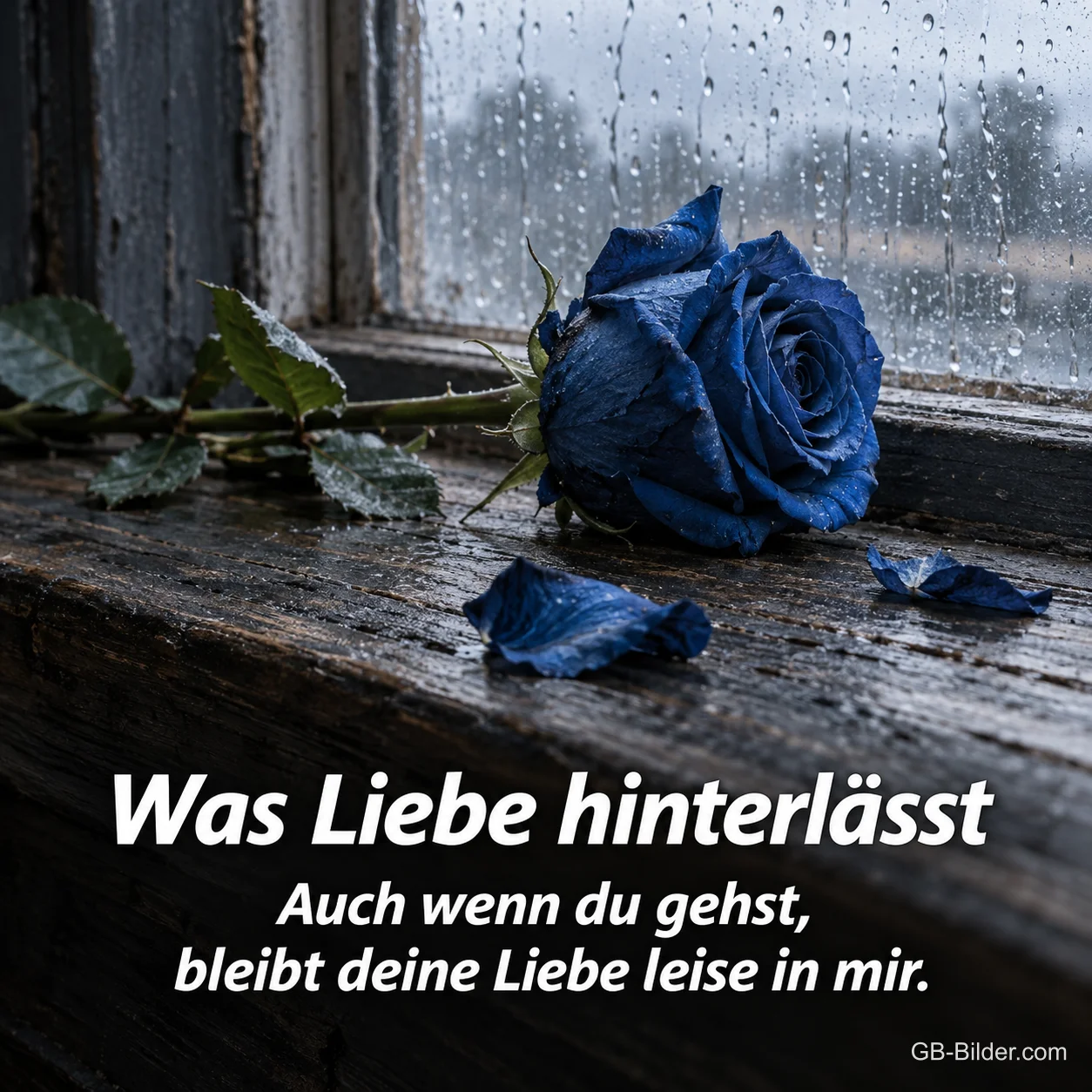 Blaue Rose am Regenfenster, Text: Was Liebe hinterlässt Blaue Rose am Regenfenster, Text: Was Liebe hinterlässt