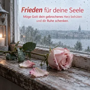 Rosa Rose am regnerischen Fenster, Text: Frieden für deine Seele