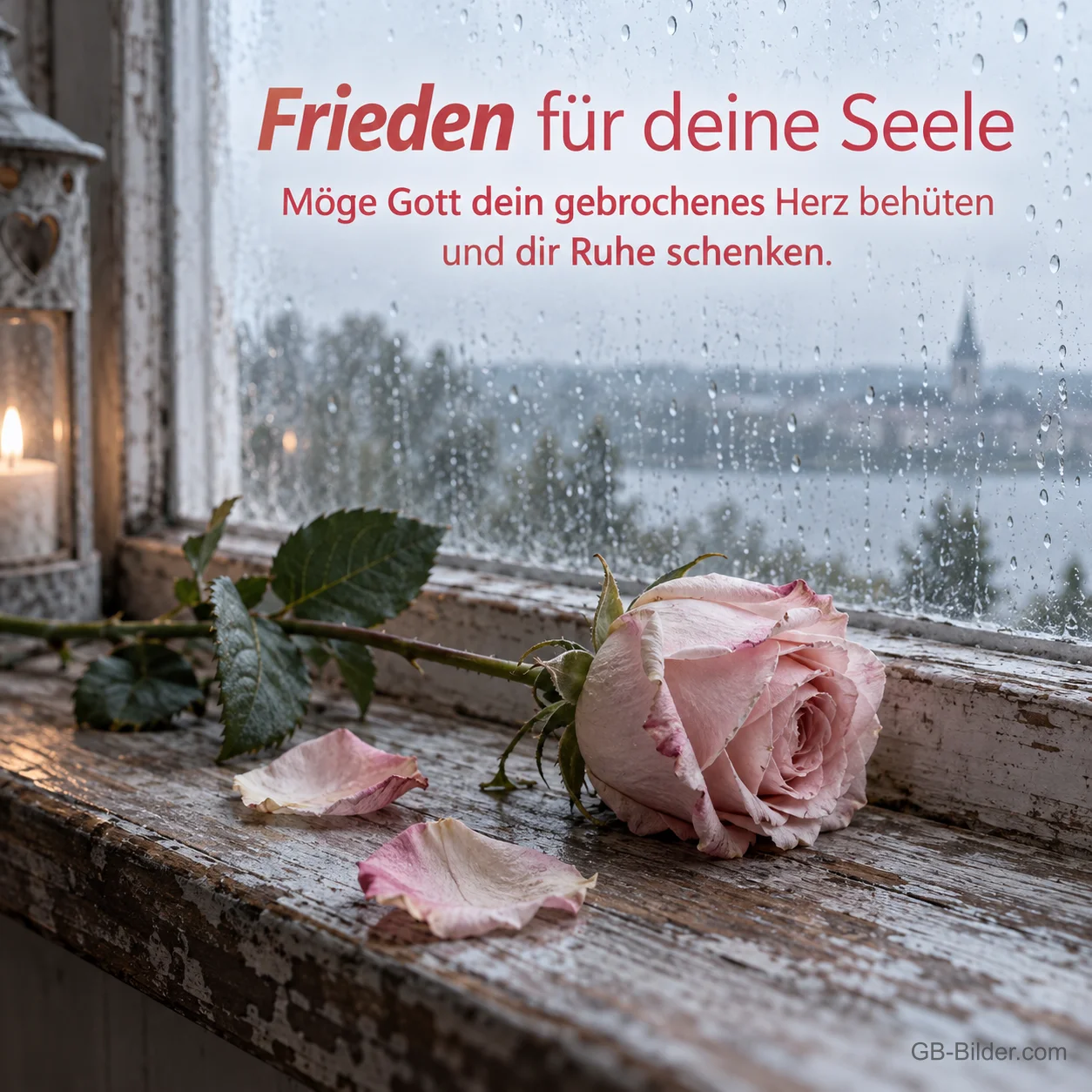 Rosa Rose am regnerischen Fenster, Text: Frieden für deine Seele Rosa Rose am regnerischen Fenster, Text: Frieden für deine Seele