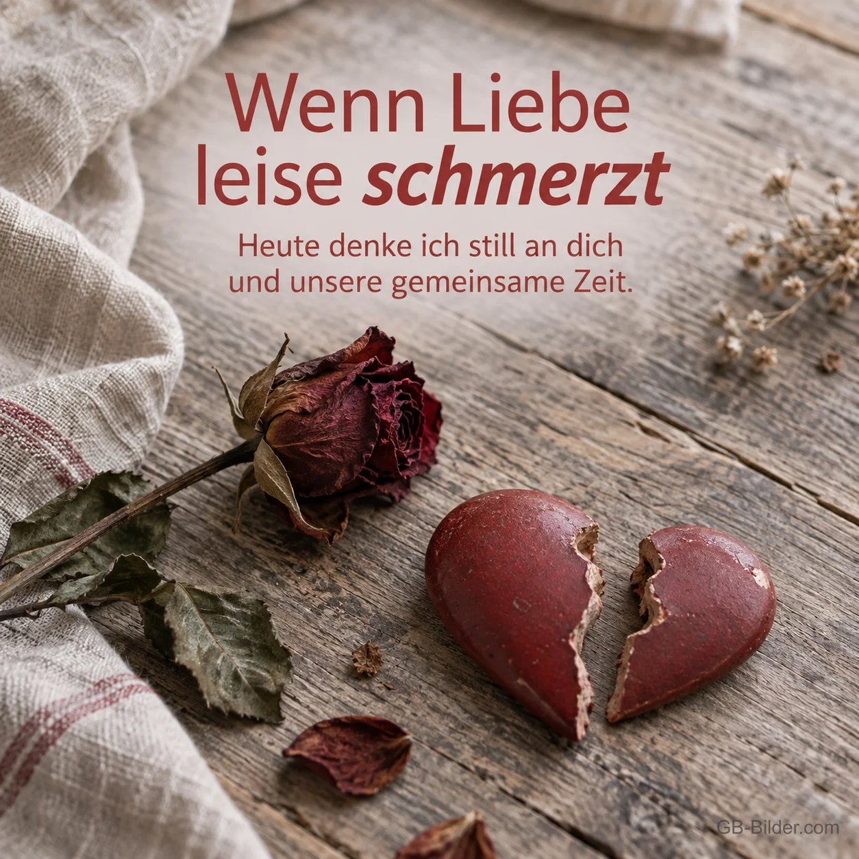 Zerbrochenes Tonherz neben welker Rose, Text: Wenn Liebe leise schmerzt Zerbrochenes Tonherz neben welker Rose, Text: Wenn Liebe leise schmerzt