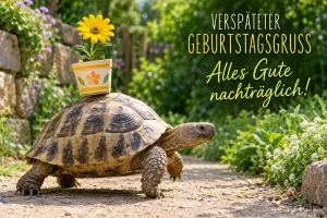 Schildkröte trägt einen Blumentopf mit Gerbera, Text: VERSPÄTETER GEBURTSTAGSGRUSS – Alles Gute nachträglich!