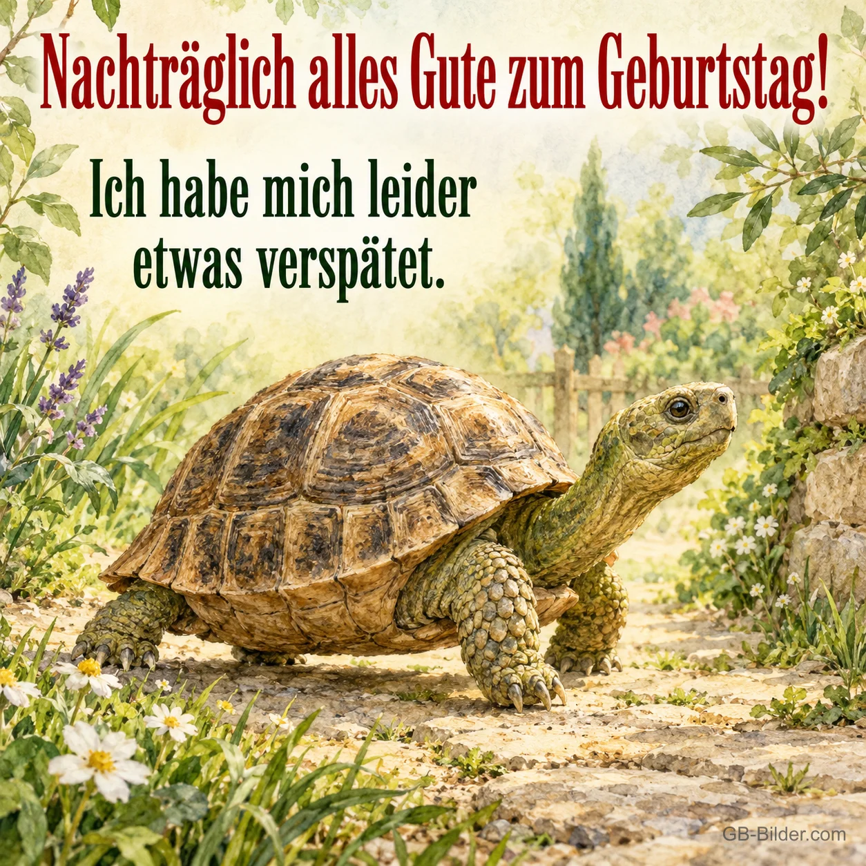 Schildkröte auf dem Gartenweg, Text: Nachträglich alles Gute zum Geburtstag