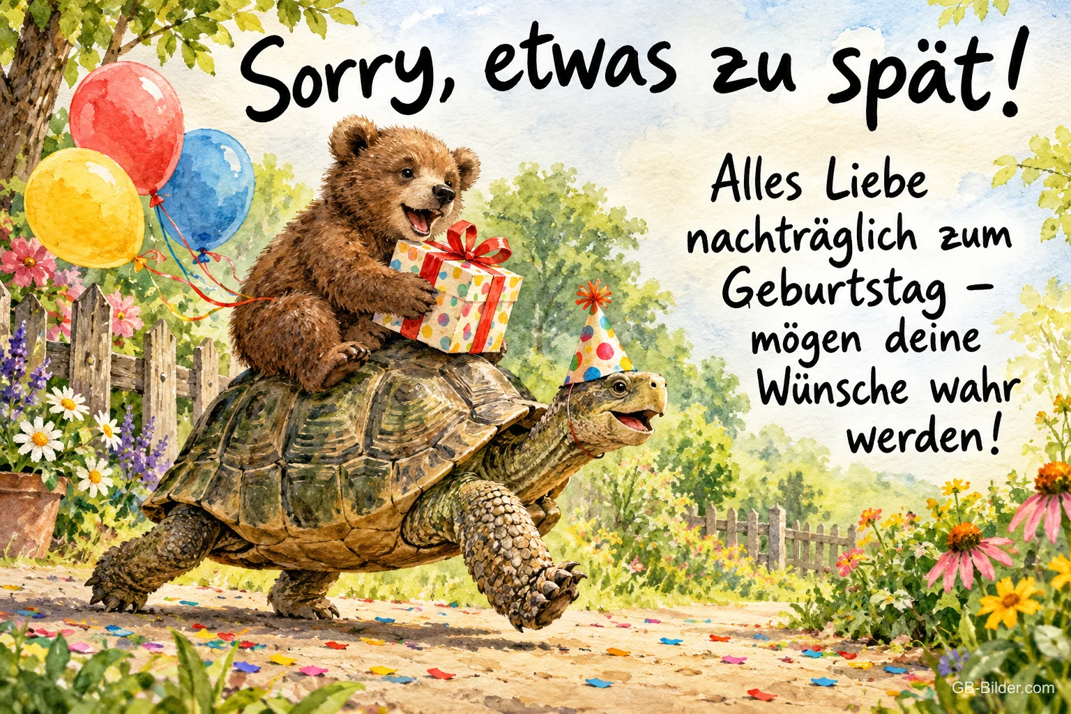 Bärenjunges reitet mit Geschenk auf einer Schildkröte, Text: Sorry, etwas zu spät! – Alles Liebe nachträglich zum Geburtstag – mögen deine Wünsche wahr werden!