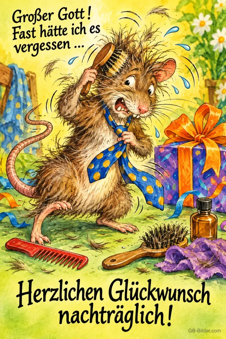 Zerzauste Maus bindet hastig eine Krawatte neben einem Geschenk, Text: Großer Gott! Fast hätte ich es vergessen ... Herzlichen Glückwunsch nachträglich!