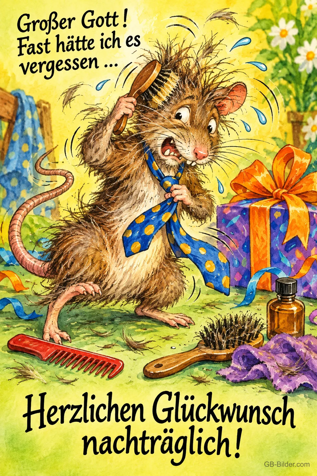 Zerzauste Maus bindet hastig eine Krawatte neben einem Geschenk, Text: Großer Gott! Fast hätte ich es vergessen ... Herzlichen Glückwunsch nachträglich!