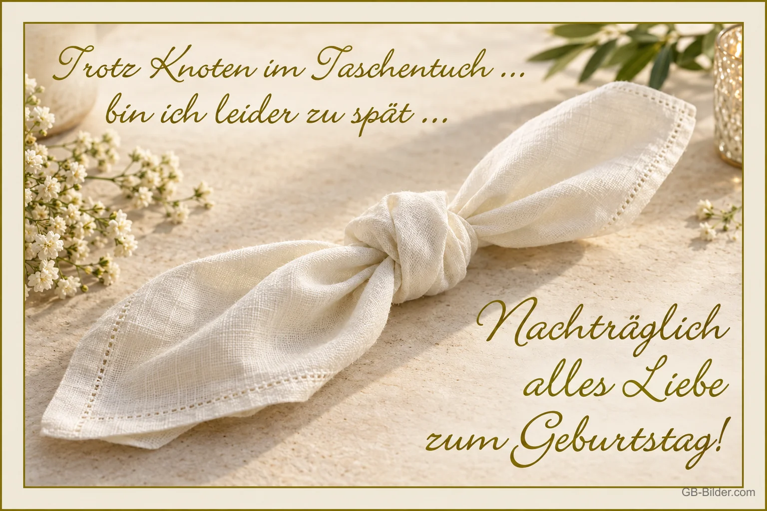 Verknotetes weißes Taschentuch auf Leinen, Text: Trotz Knoten im Taschentuch … bin ich leider zu spät … Nachträglich alles Liebe zum Geburtstag!
