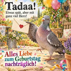 Taube bringt einen Brief mit Herz in einen Garten, Text: Tadaa! Etwas spät, aber mit ganz viel Herz! – Alles Liebe zum Geburtstag nachträglich!