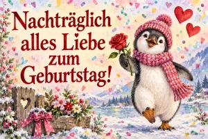 Pinguin mit Mütze und Schal hält eine Rose, Text: Nachträglich alles Liebe zum Geburtstag!