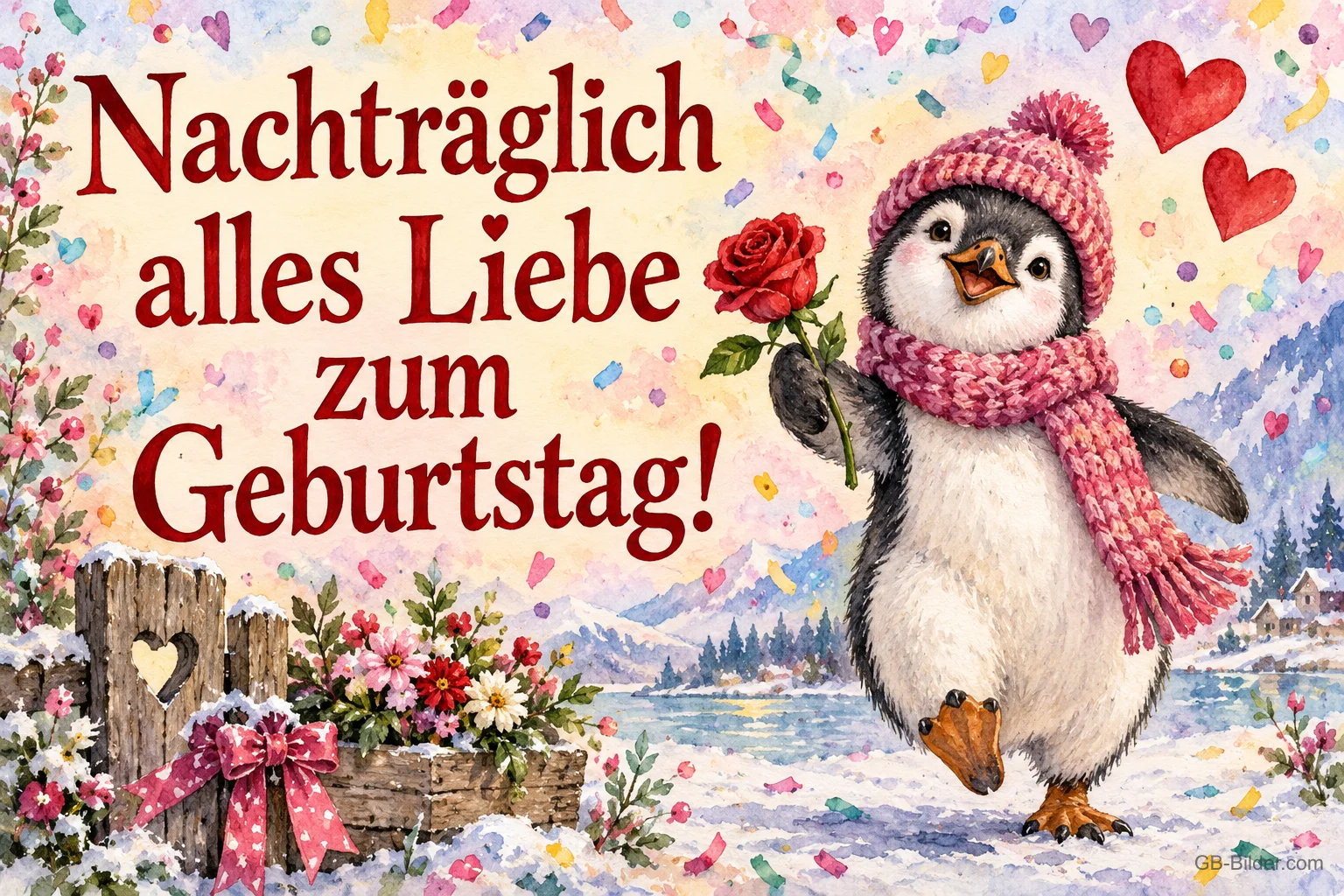 Pinguin mit Mütze und Schal hält eine Rose, Text: Nachträglich alles Liebe zum Geburtstag!