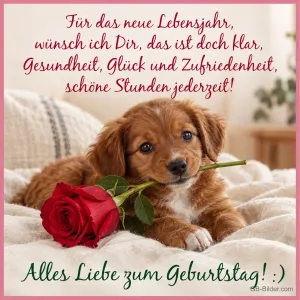 Welpe mit roter Rose, Geburtstagsgedicht, Text: Für das neue Lebensjahr, wünsch ich Dir, das ist doch klar, Gesundheit