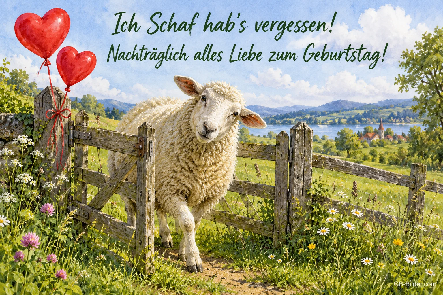 Schaf am Gartentor mit roten Herzballons, Text: Ich Schaf hab's vergessen! – Nachträglich alles Liebe zum Geburtstag!
