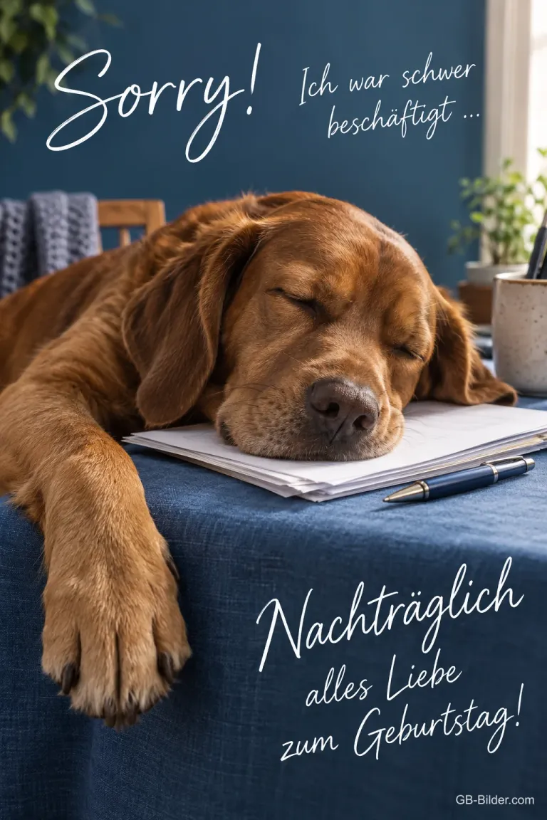 Hund schläft auf Papieren am Schreibtisch, Text: Sorry! Ich war schwer beschäftigt … – Nachträglich alles Liebe zum Geburtstag!