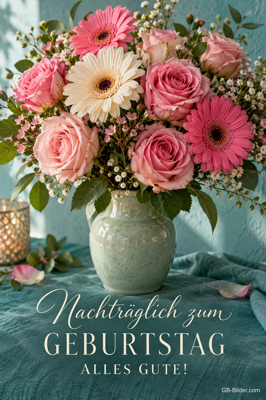 Rosen und Gerbera in einer Vase, Text: Nachträglich zum GEBURTSTAG – ALLES GUTE!