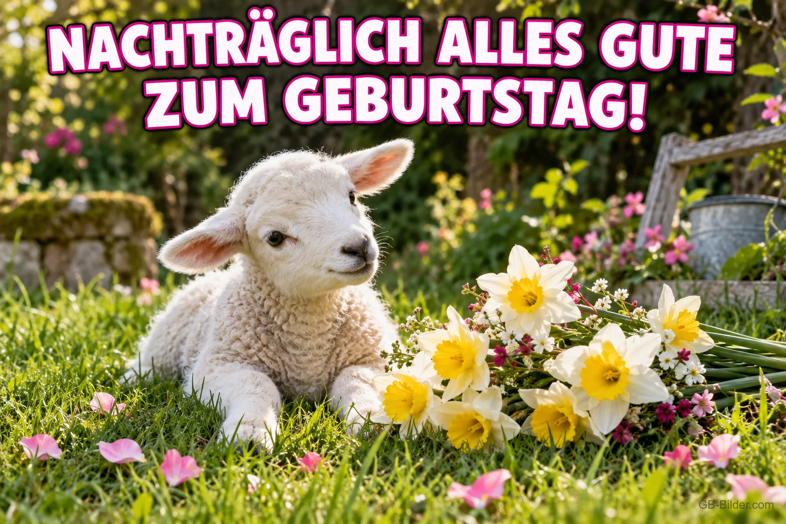 Lamm liegt neben Narzissen auf der Wiese, Text: NACHTRÄGLICH ALLES GUTE ZUM GEBURTSTAG!