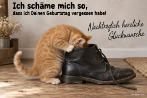 Kätzchen im Schuh, nachträglicher Geburtstagsgruß, Text: Ich schäme mich so, dass ich Deinen Geburtstag vergessen habe