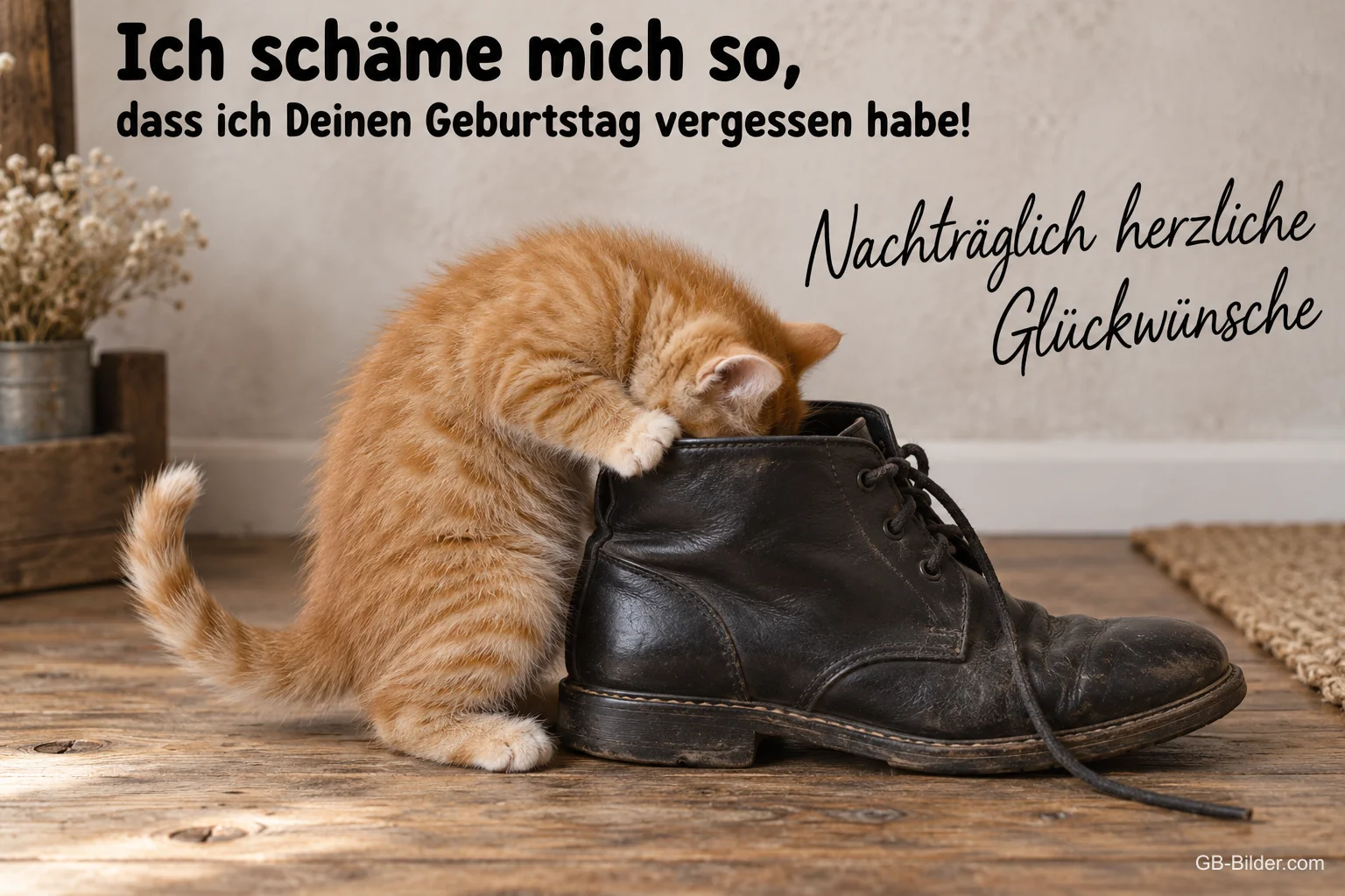 Kätzchen im Schuh, nachträglicher Geburtstagsgruß, Text: Ich schäme mich so, dass ich Deinen Geburtstag vergessen habe