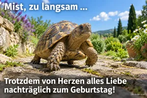 Schildkröte läuft über einen Steinweg, Text: Mist, zu langsam … – Trotzdem von Herzen alles Liebe nachträglich zum Geburtstag!