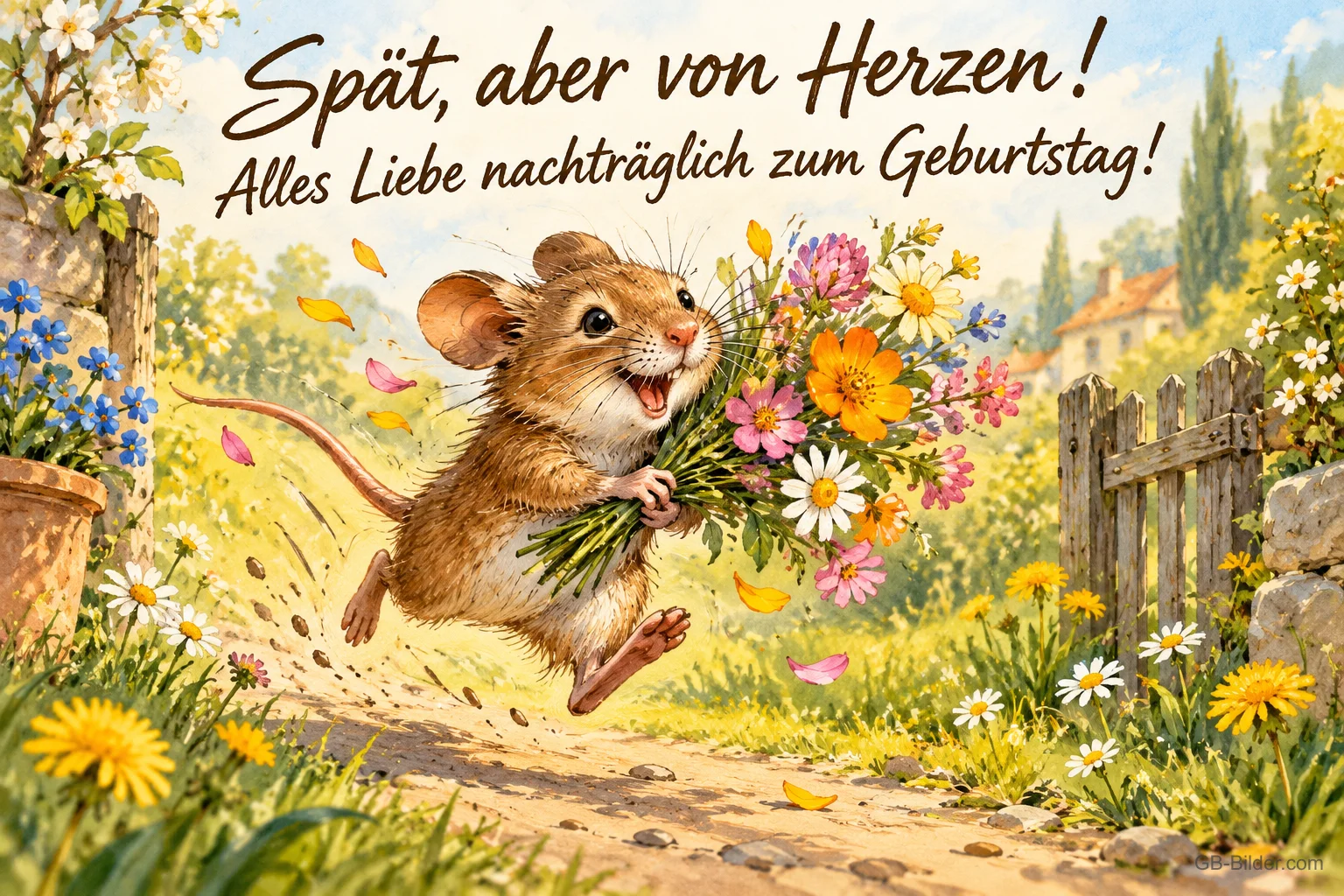 Maus rennt mit Blumenstrauß einen Weg entlang, Text: Spät, aber von Herzen! – Alles Liebe nachträglich zum Geburtstag!