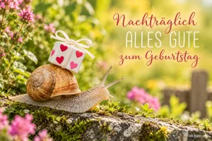 Schnecke trägt ein Geschenk mit Herzen über einen Stein, Text: Nachträglich ALLES GUTE zum Geburtstag