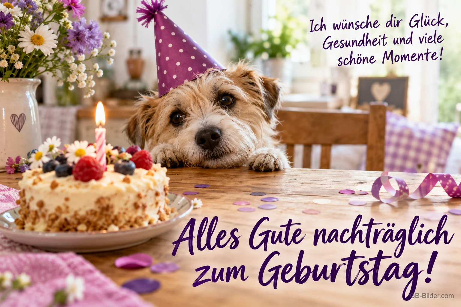 Hund mit Partyhut schaut auf eine Torte mit Kerze, Text: Ich wünsche dir Glück, Gesundheit und viele schöne Momente! – Alles Gute nachträglich zum Geburtstag!