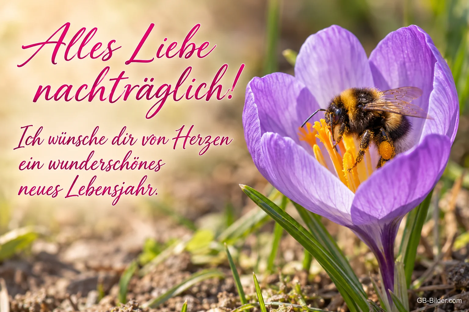 Hummel in einem lila Krokus, Text: Alles Liebe nachträglich! – Ich wünsche dir von Herzen ein wunderschönes neues Lebensjahr.