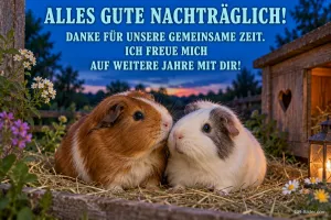 Zwei Meerschweinchen kuscheln im Stroh, Text: ALLES GUTE NACHTRÄGLICH! – DANKE FÜR UNSERE GEMEINSAME ZEIT. ICH FREUE MICH AUF WEITERE JAHRE MIT DIR!
