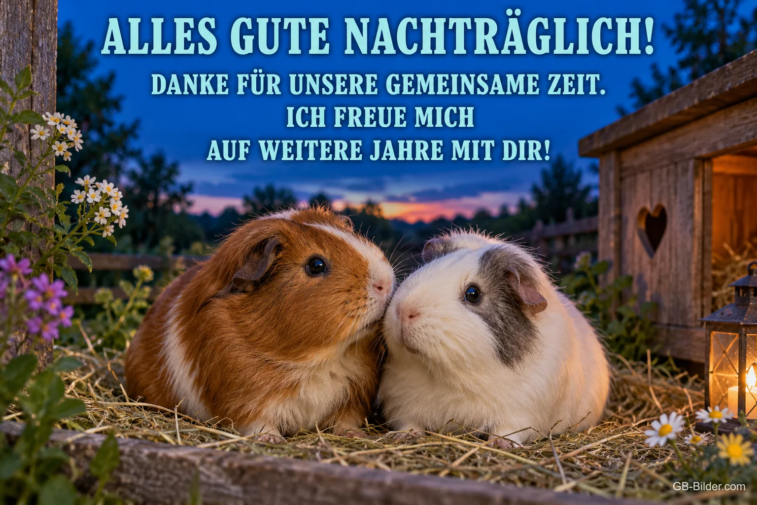 Zwei Meerschweinchen kuscheln im Stroh, Text: ALLES GUTE NACHTRÄGLICH! – DANKE FÜR UNSERE GEMEINSAME ZEIT. ICH FREUE MICH AUF WEITERE JAHRE MIT DIR!