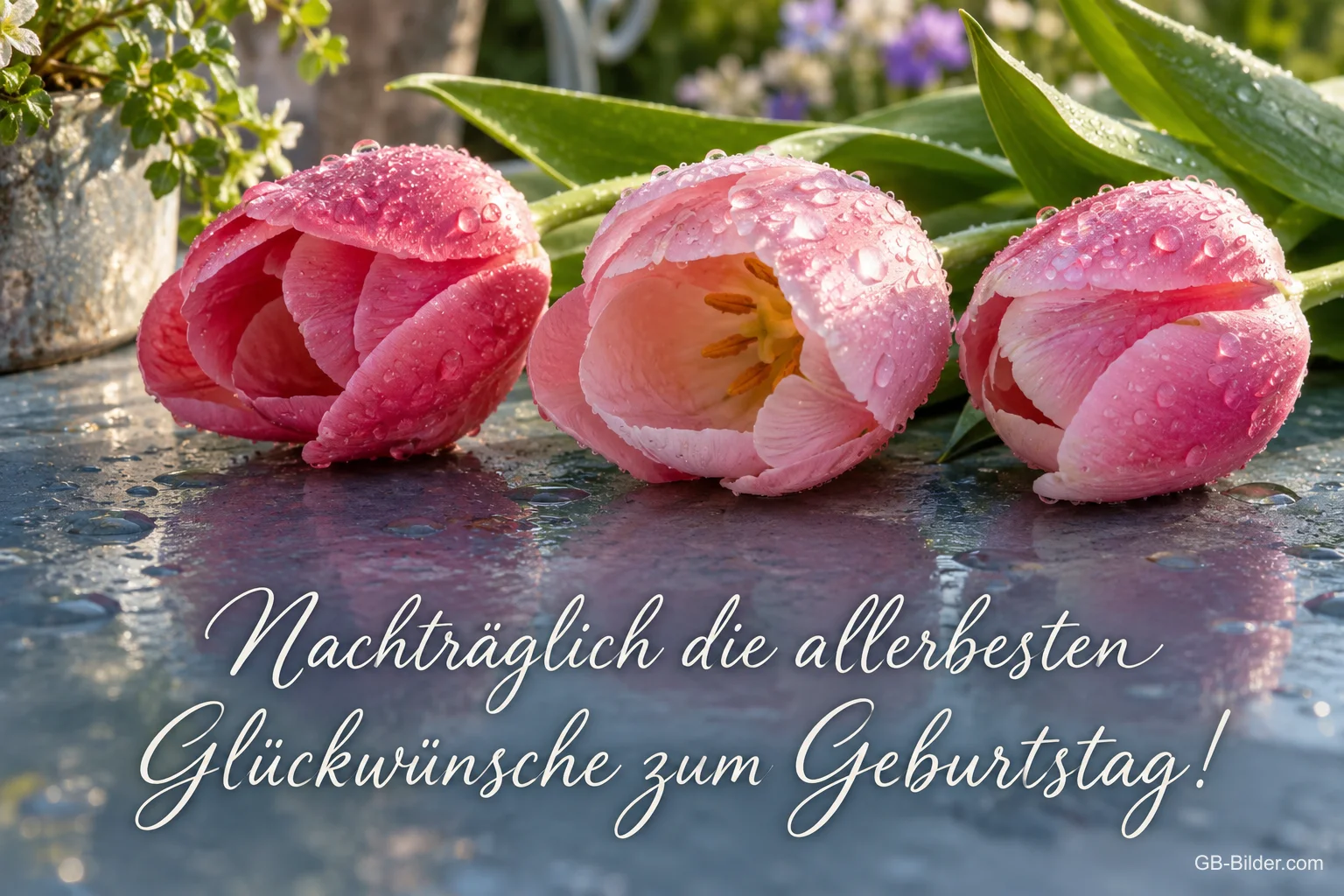Rosa Tulpen mit Tautropfen, Text: Nachträglich die allerbesten Glückwünsche zum Geburtstag!