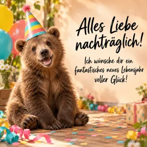 Lachender Bär mit Partyhut zwischen Luftschlangen, Text: Alles Liebe nachträglich! – Ich wünsche dir ein fantastisches neues Lebensjahr voller Glück!