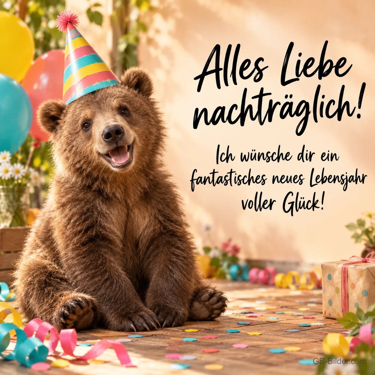 Lachender Bär mit Partyhut zwischen Luftschlangen, Text: Alles Liebe nachträglich! – Ich wünsche dir ein fantastisches neues Lebensjahr voller Glück!