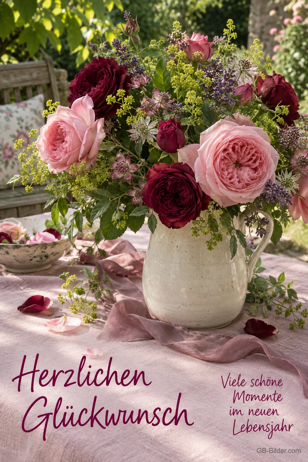 Strauß aus rosa und roten Rosen in einem Krug im Garten, Text: Herzlichen Glückwunsch – Viele schöne Momente im neuen Lebensjahr