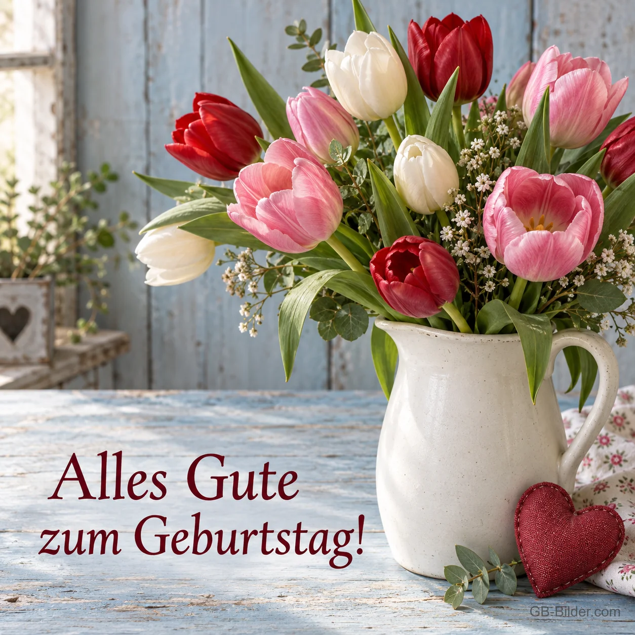 Bunte Tulpen in einem weißen Krug neben einem roten Herz, Text: Alles Gute zum Geburtstag!