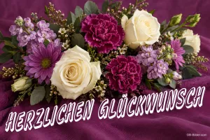 Strauß aus weißen Rosen, Nelken und lila Blumen, Text: HERZLICHEN GLÜCKWUNSCH
