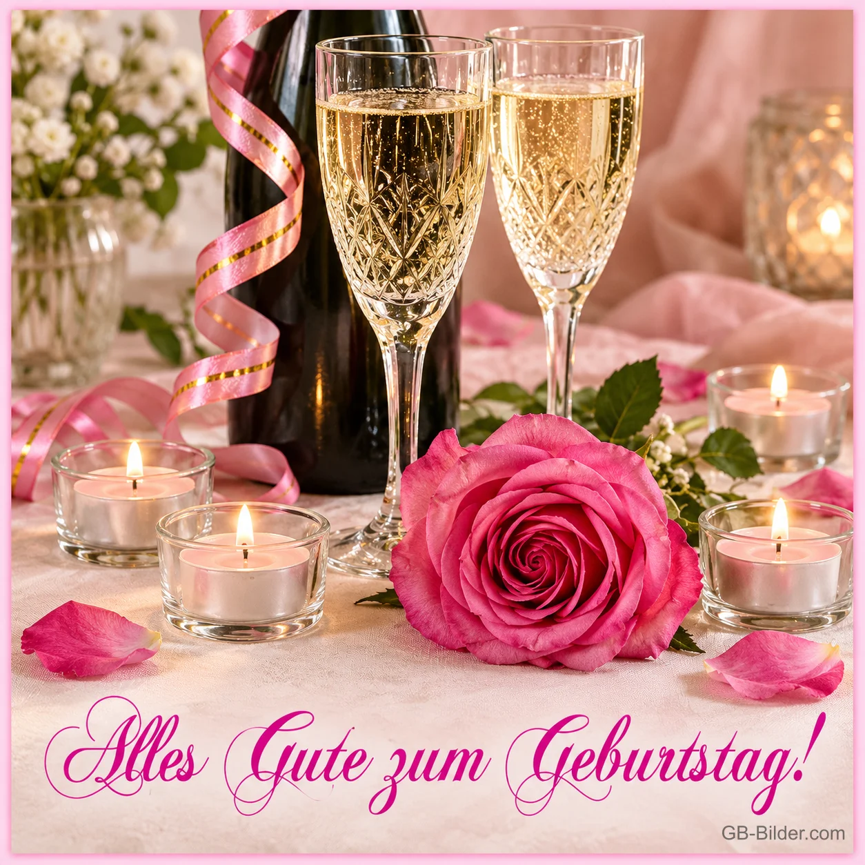 Zwei Sektgläser, eine rosa Rose und Teelichter auf einem Tisch, Text: Alles Gute zum Geburtstag!