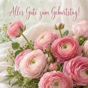 Strauß aus rosa Ranunkeln, Text: Alles Gute zum Geburtstag!