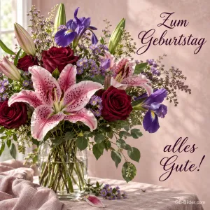 Strauß aus Lilien, Rosen und Iris in einer Glasvase, Text: Zum Geburtstag alles Gute!