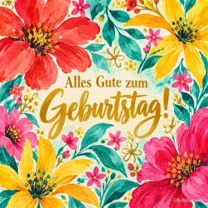 Bunte Aquarellblumen in Rot, Gelb und Pink um goldene Schrift, Text: Alles Gute zum Geburtstag!