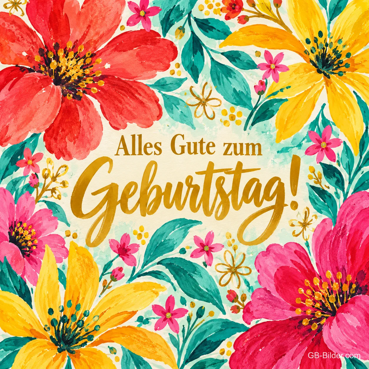 Bunte Aquarellblumen in Rot, Gelb und Pink um goldene Schrift, Text: Alles Gute zum Geburtstag! Bunte Aquarellblumen in Rot, Gelb und Pink um goldene Schrift, Text: Alles Gute zum Geburtstag!